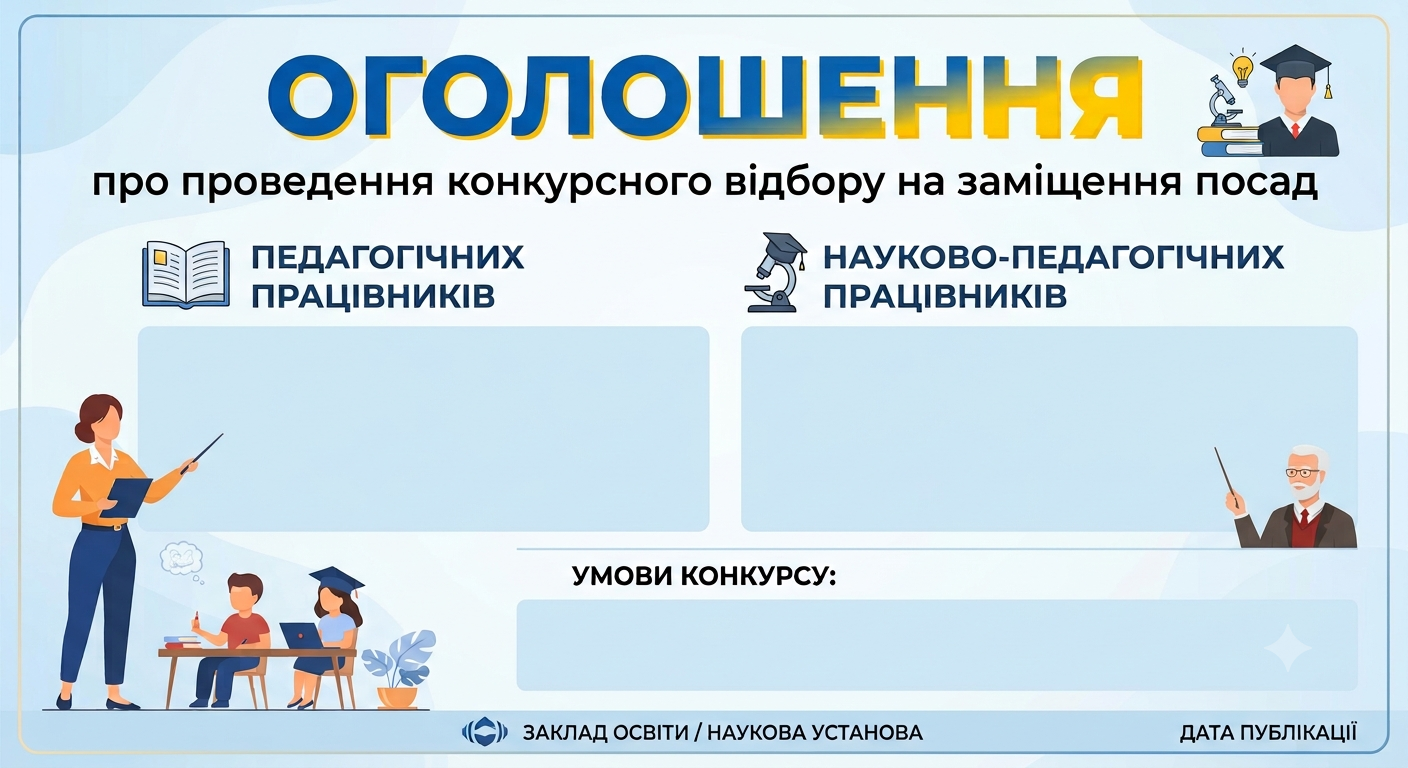 ОГОЛОШЕННЯ про проведення конкурсного відбору на заміщення посад  педагогічних та науково-педагогічних працівників