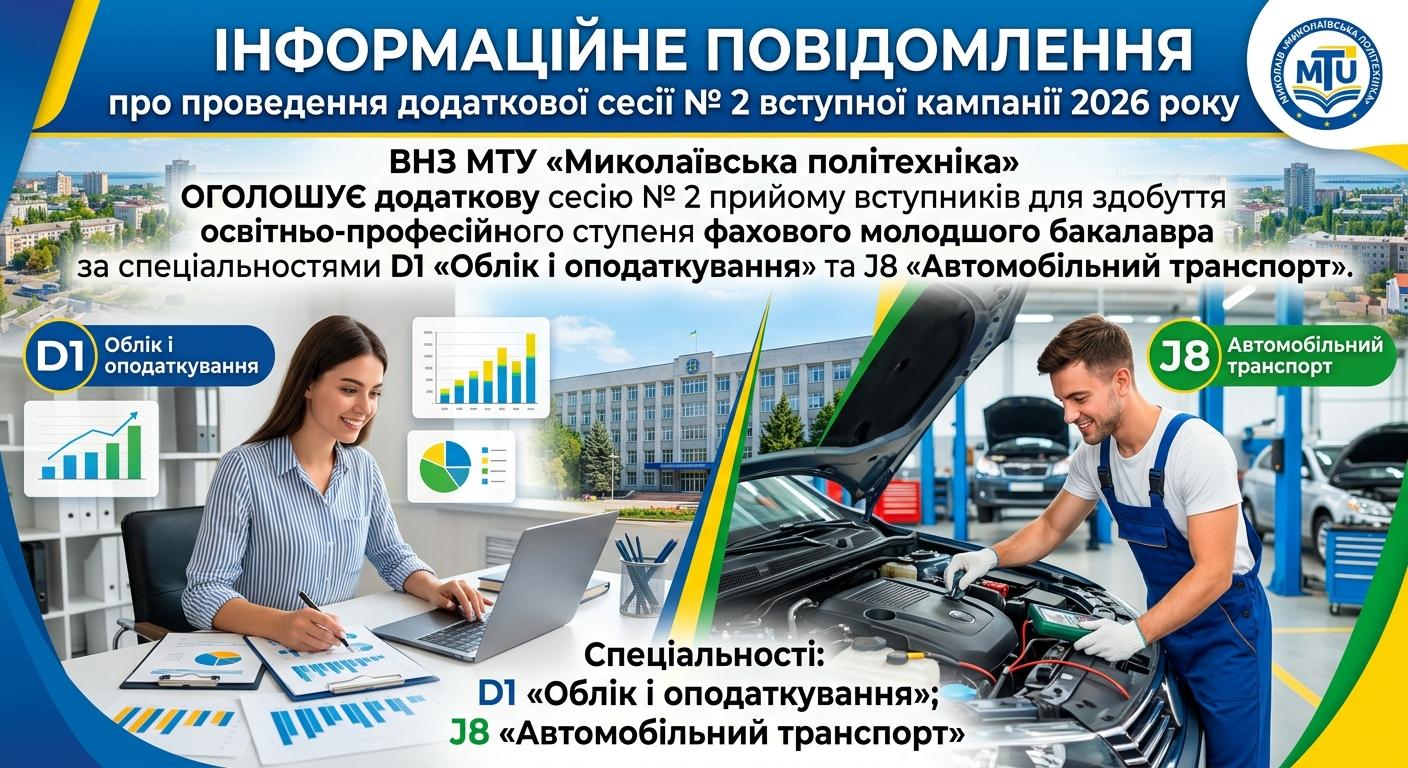 ІНФОРМАЦІЙНЕ ПОВІДОМЛЕННЯ про проведення додаткової сесії № 2 вступної кампанії 2026 року
